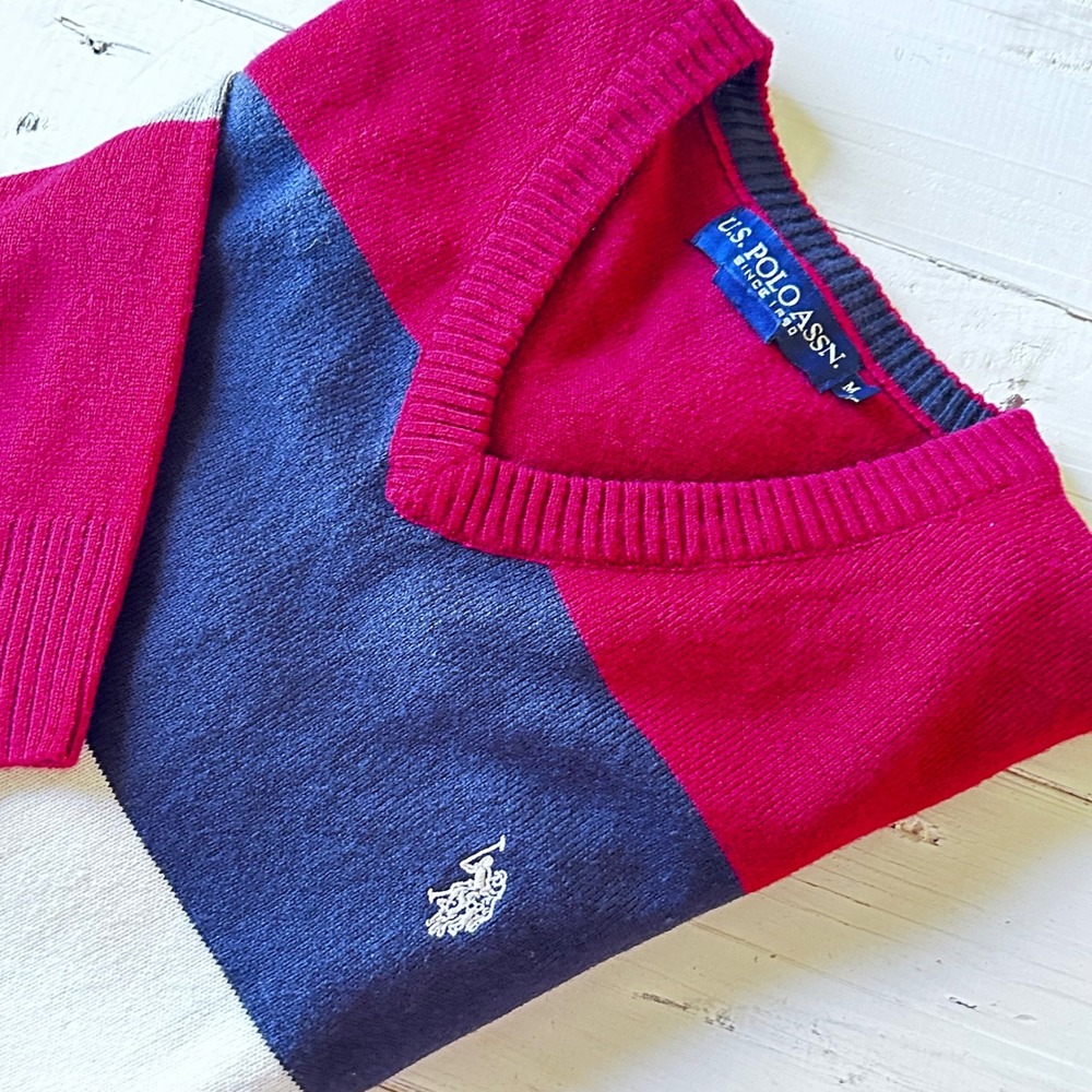 U.S.‎ Polo Assn. Mens Sweater Medium V Neck Striped Red Blue Gray White Logo